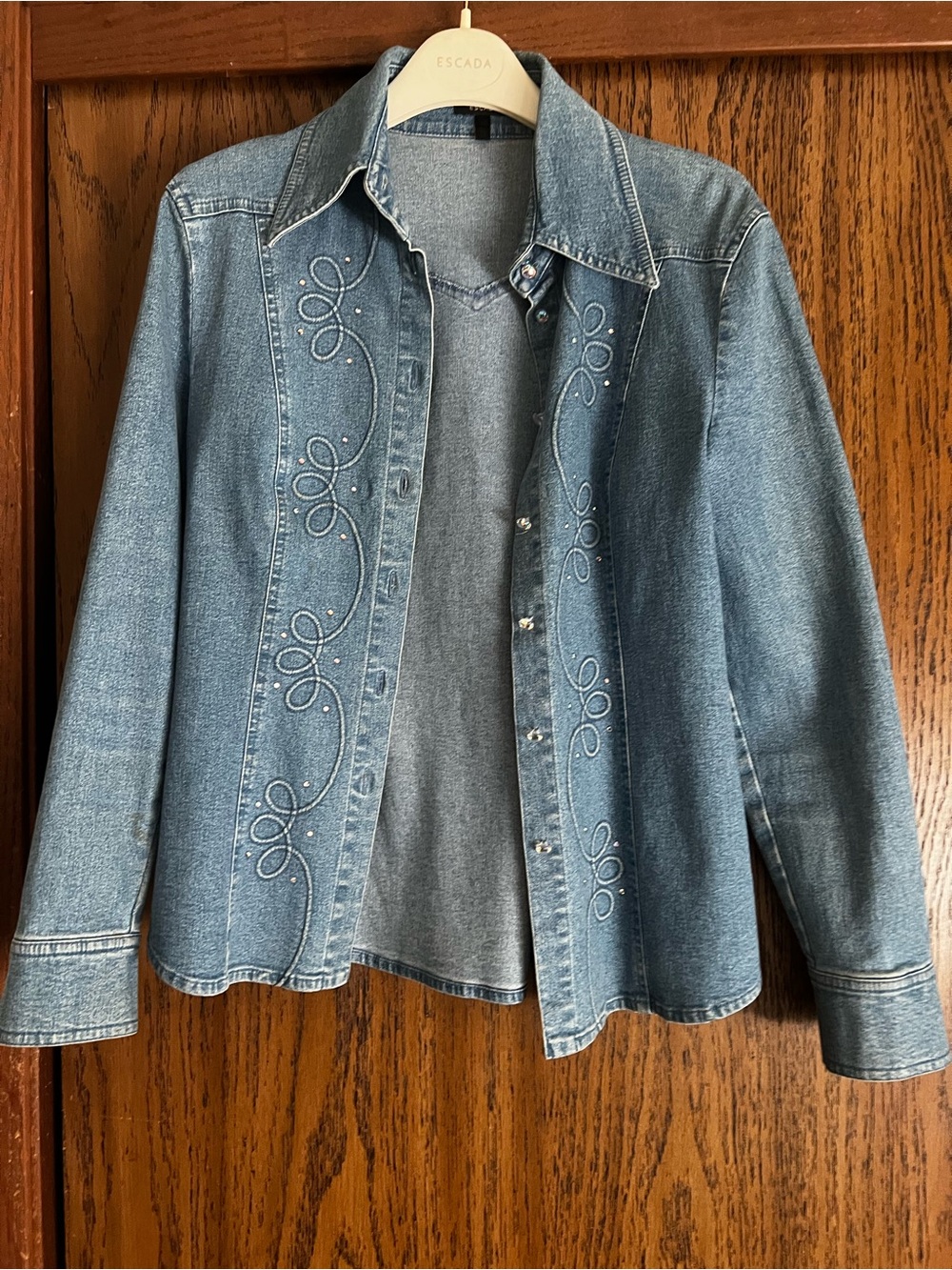 Vintage Escada Light Blue Denim Embroidered Button-Down Shirt